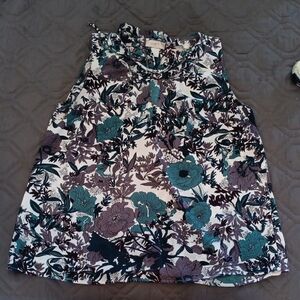 LOFT Floral Ruffle Blouse in Teal and Black